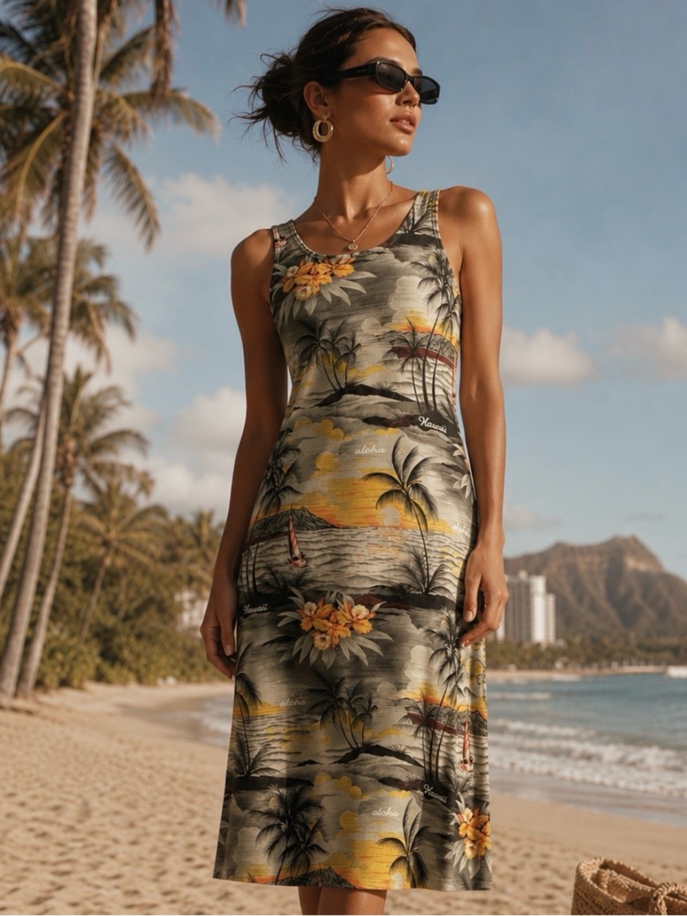 VINTAGE Y2K 90's Hawaii Tropical Print Midi Tank Dress Yellow & Green Sunset M/L